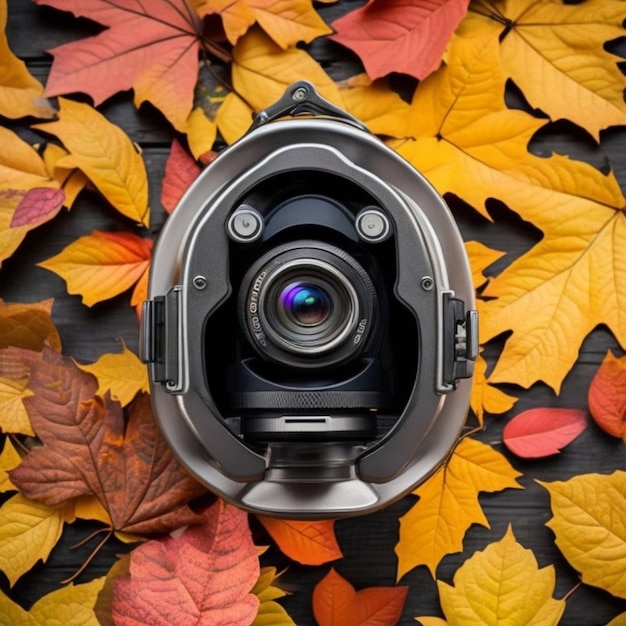 Photo a camera that is on a black background with autumn leaves