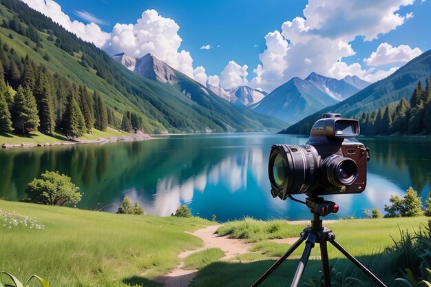 A camera on a tripod is in front of a lake and mountains.