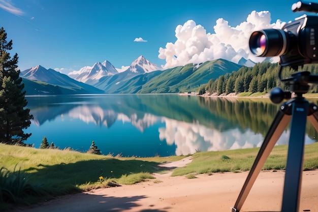 A camera on a tripod is shown on a lake with mountains in the background.