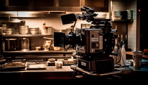 A camera on a tripod in a kitchen with a pan of food on the counter.