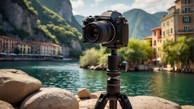 Camera on tripod overlooking scenic river and city