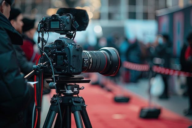 A camera on a tripod on a red carpet