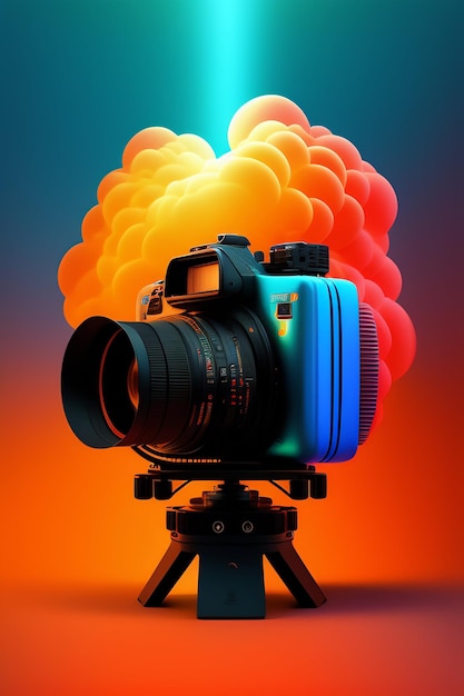 A camera on a tripod with a blue and orange background.