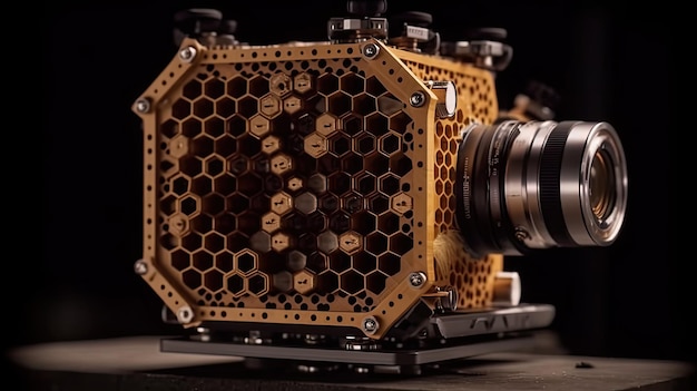 A camera with a beehive on it