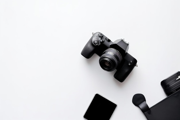 A camera with a black camera on a white background