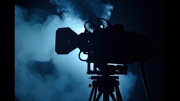 Photo a camera with a blue background and a smoke coming out of it