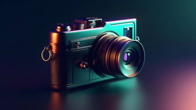 A camera with a blue and green lens is on a dark background.