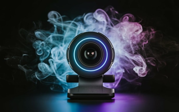 Photo a camera with a blue light on it and a black background with smoke