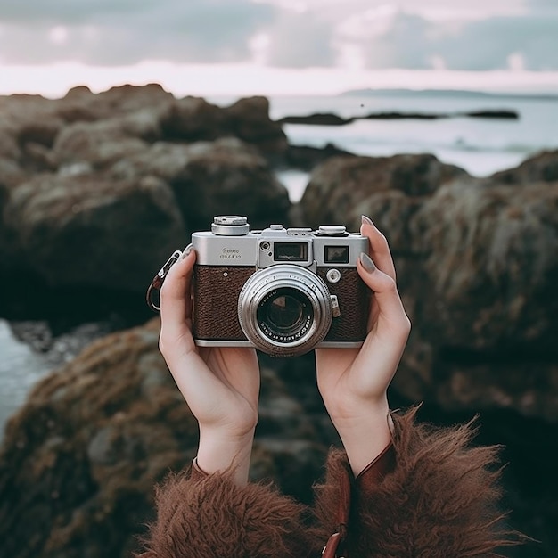 A camera with a brown fur coat is held up in front of a body of water.