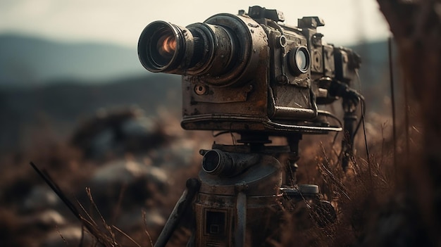 A camera with a camera on it in a field