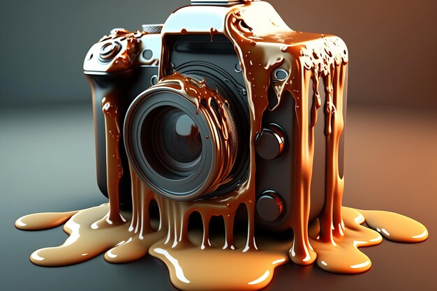 A camera with dripping chocolate drippings is shown.