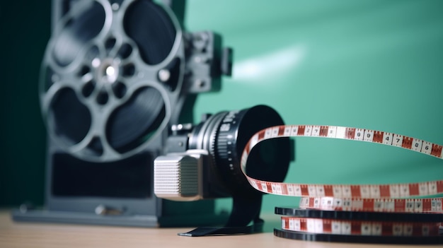 A camera with a film strip on it and a film strip on the top.