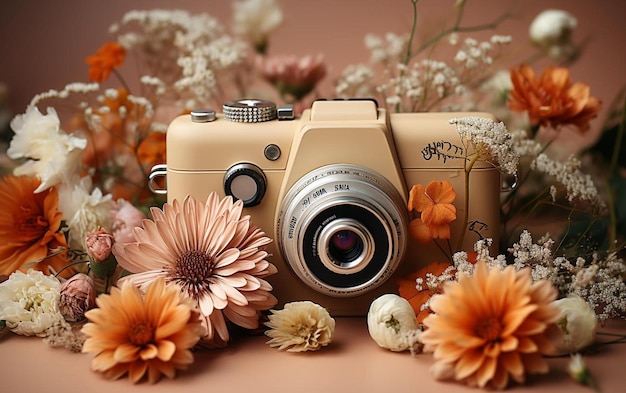 A camera with flowers and a camera on it