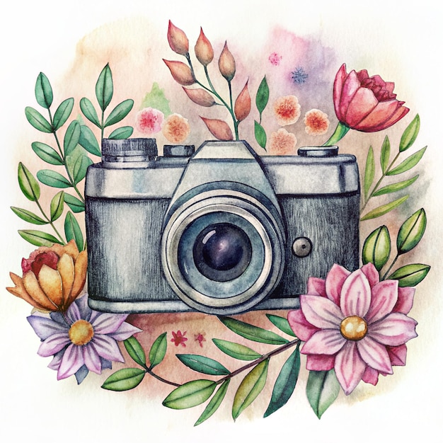 camera with flowers in watercolor style 4k hd photo for world photography day