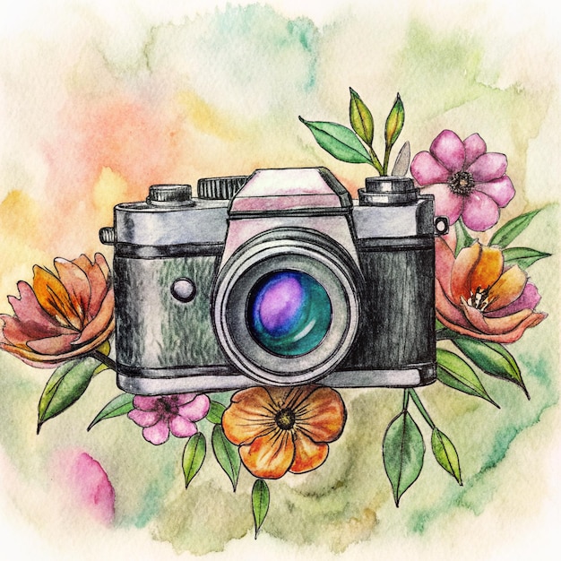 camera with flowers in watercolor style 4k hd photo for world photography day
