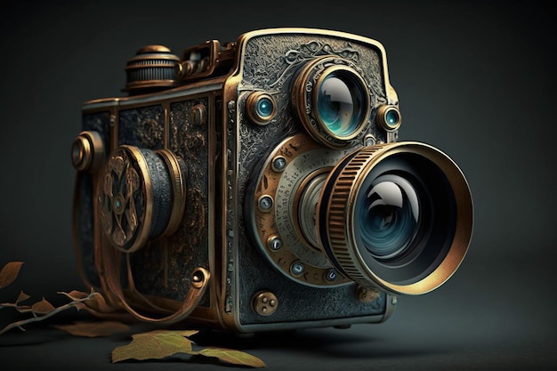 A camera with a gold frame and the word camera on it