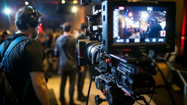 a camera with a man standing in front of it