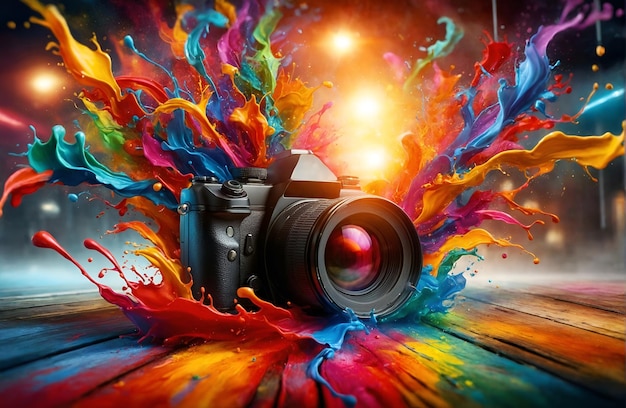 a camera with a mesmerizing splash of colors around it