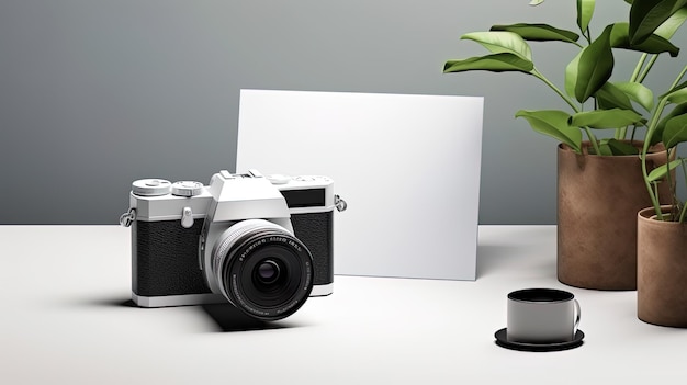 a camera with a plant in the corner next to a white poster.