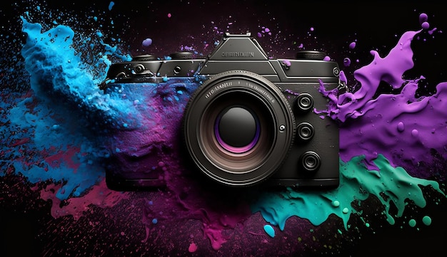 A camera with a purple and blue paint splatter on it