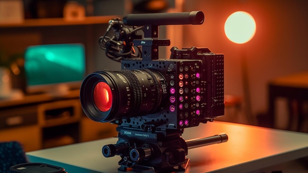 A camera with a red lens and a black lens.