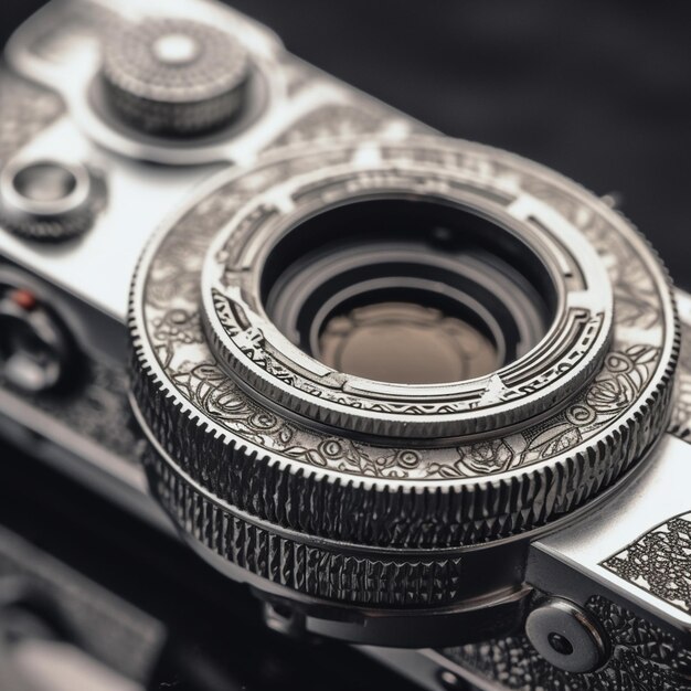 A camera with a silver and black design and a silver case.