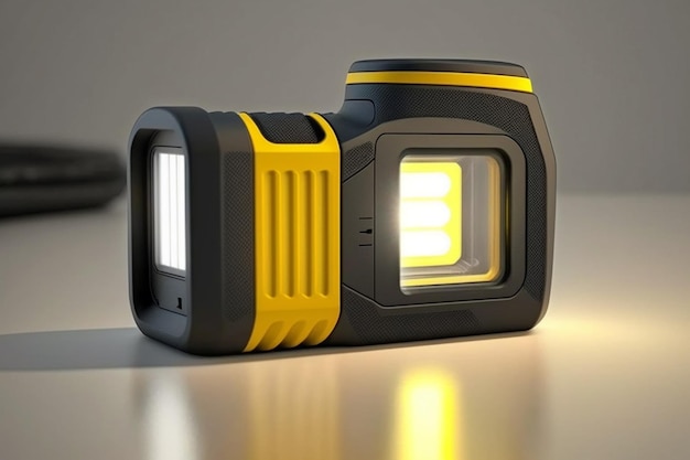 A camera with a yellow and black cover and the word camera on it.