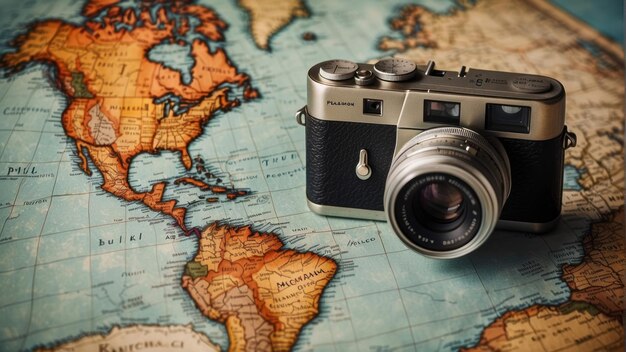 パスポート付きの世界地図のカメラ