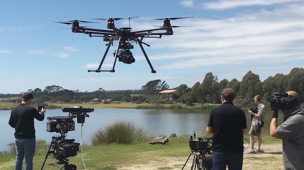 A cameraman films a drone in front of a lake.