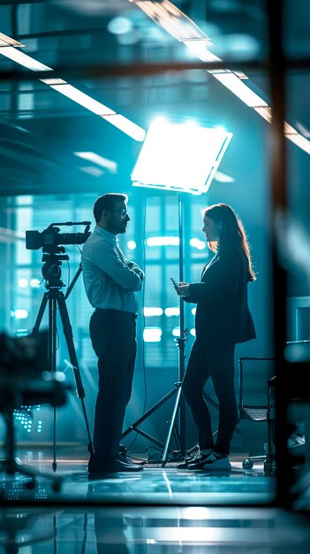 Photo a cameraman and a man stand in front of a camera