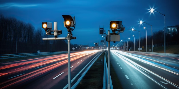 Камеры и радары контроля скорости вдоль оживленной трассы отслеживают и фиксируют нарушения скоростного режима Генеративный ИИ