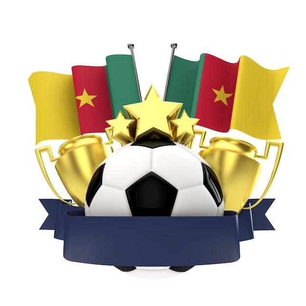 Cameroon flag football winners emblem with trophy stars ball and ribbon 3D Rendering