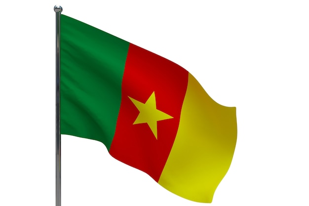 Cameroon flag on pole. Metal flagpole. National flag of Cameroon 3D illustration on white