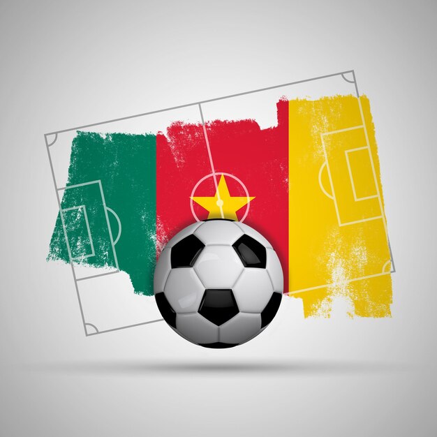 Cameroon flag soccer background with grunge flag football pitch and soccer ball