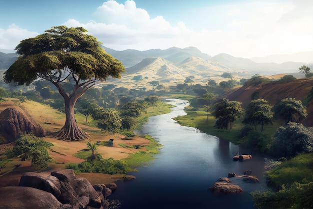 Cameroon landscape with river and hills Generative AI Art Beautiful view