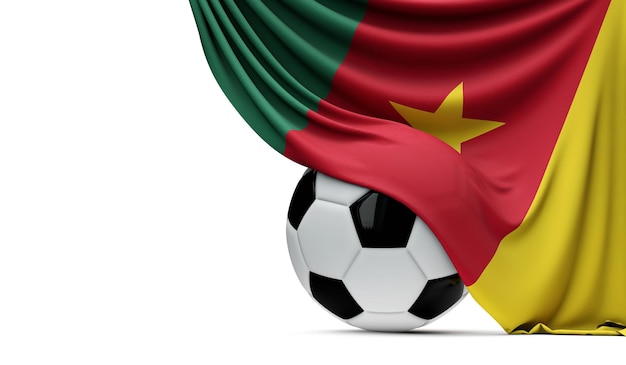 Cameroon national flag draped over a soccer football ball 3D Rendering