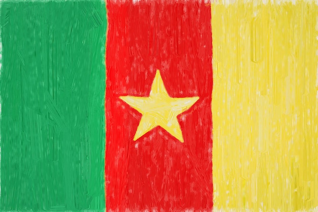 Cameroon painted flag. Patriotic drawing on paper background. National flag of Cameroon