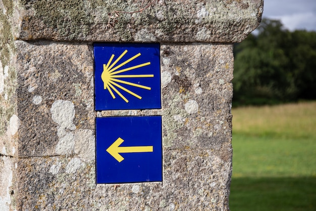 Camino de Santiago Gele kammossel en pijlteken op oude steenmuur.