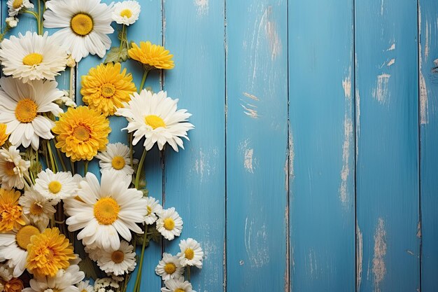 Camomile and magold flowers over the blue background