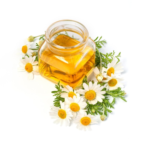 Camomile oil in glass bottle with fresh chamomile flowers,isolated on white