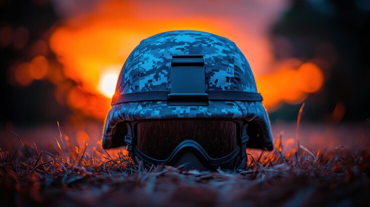 Photo camouflage helmet at sunset