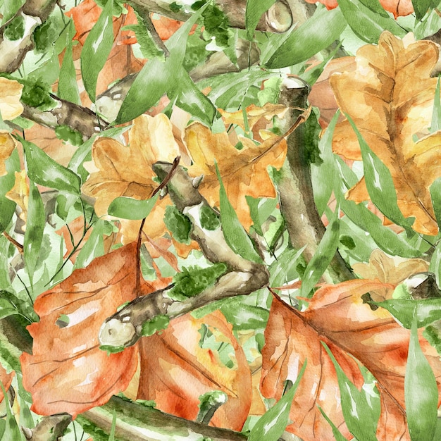 Camouflage print in the style from branches and withered leaves watercolor seamless pattern