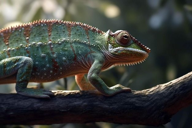 Camouflaged chameleon blending in on a tree branch