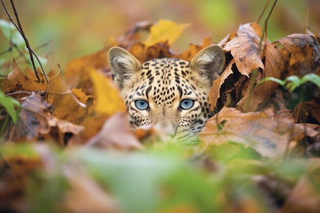 紅葉の中でほとんど見えない迷彩ヒョウ