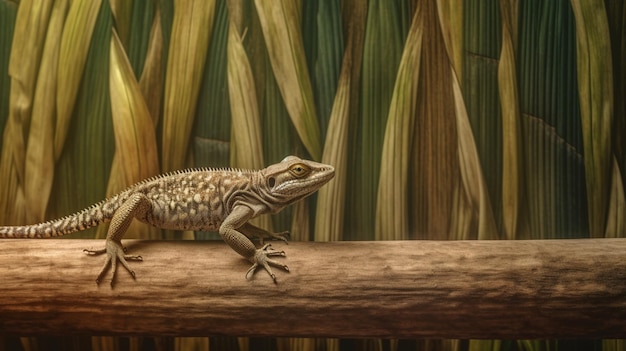 Camouflaged lizard on bamboo background