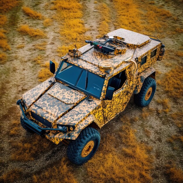 A camouflaged vehicle is in a field with a box on the top.