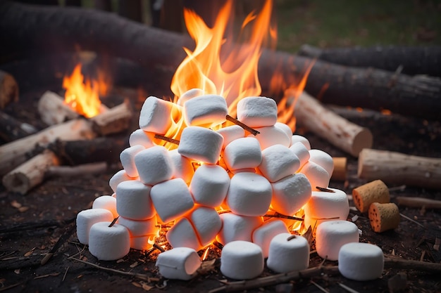 Foto composizione di marshmallow per il fuoco di campo