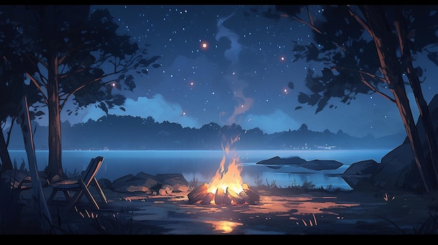 Camp fire at night next to a lake