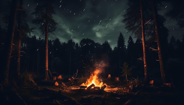 a camp fire during the night time in a forest ai generative