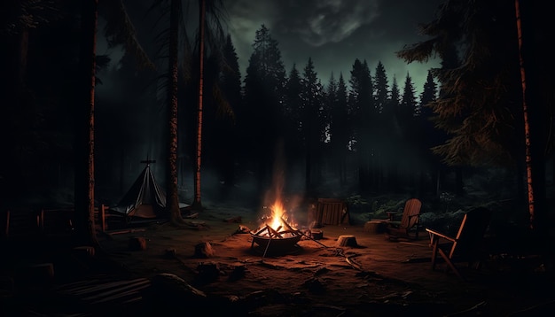 a camp fire during the night time in a forest ai generative